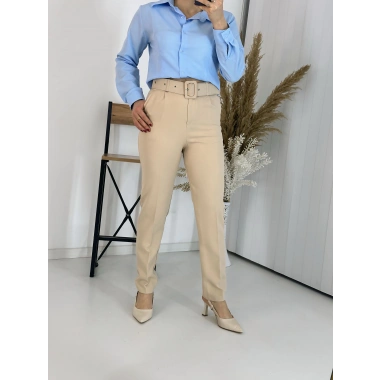 Bej Kemerli Boru Paça Kumaş Pantolon