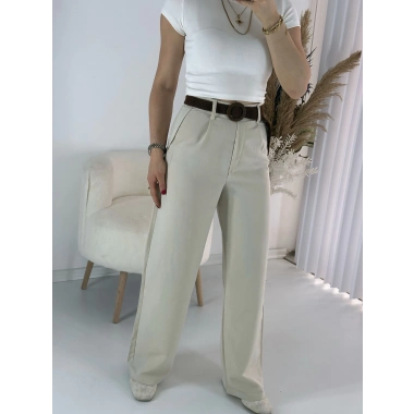 Bej Kemerli Keten Palazzo Pantolon