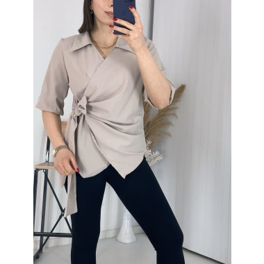 Bej Kravuze Yaka Bel Bağlamalı Gömlek