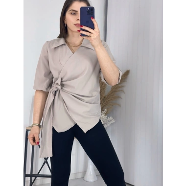 Bej Kravuze Yaka Bel Bağlamalı Gömlek