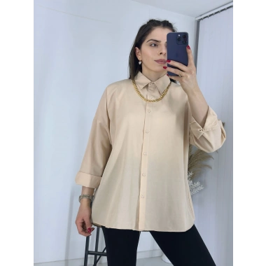 Bej Uzun Kollu Basic Pamuklu Oversize Gömlek