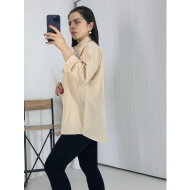 Bej Uzun Kollu Basic Pamuklu Oversize Gömlek