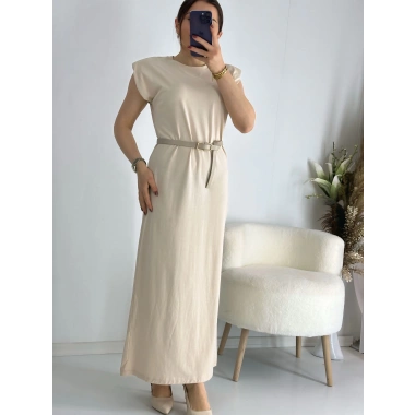 Bej Vatkalı Penye Elbise