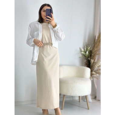 Bej Vatkalı Penye Elbise