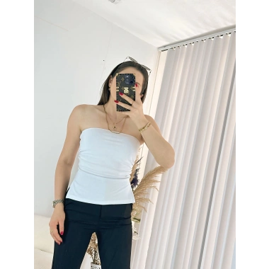 Beyaz Çift Yırtmaçlı Straplez Bluz