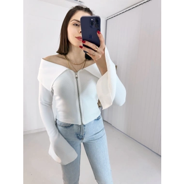 Beyaz Fermuarlı İspanyol Kol Ottoman Bluz