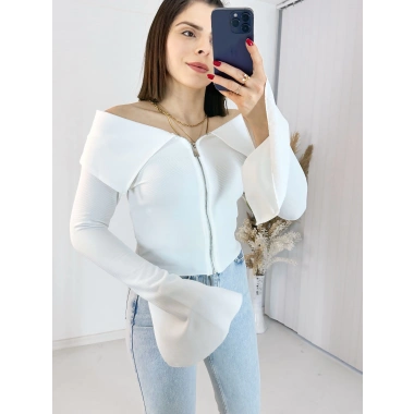 Beyaz Fermuarlı İspanyol Kol Ottoman Bluz
