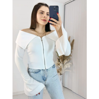 Beyaz Fermuarlı İspanyol Kol Ottoman Bluz