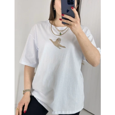 Beyaz Gold Taş İşlemeli Kuşlu Tişört