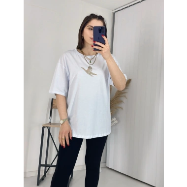 Beyaz Gold Taş İşlemeli Kuşlu Tişört