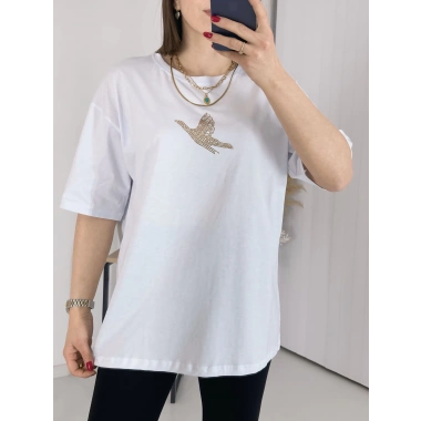 Beyaz Gold Taş İşlemeli Kuşlu Tişört