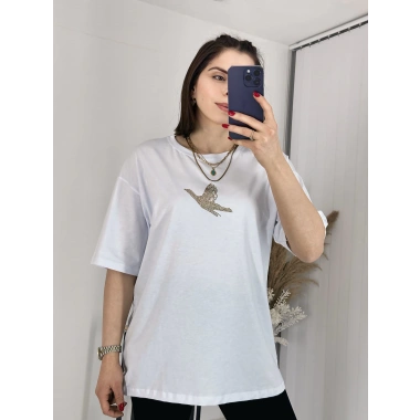 Beyaz Gold Taş İşlemeli Kuşlu Tişört