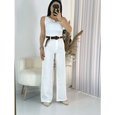 Beyaz Kemerli Keten Palazzo Pantolon