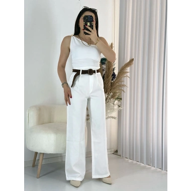 Beyaz Kemerli Keten Palazzo Pantolon