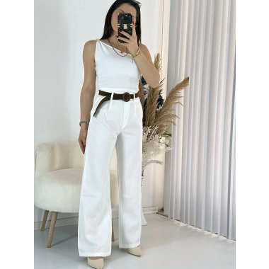 Beyaz Kemerli Keten Palazzo Pantolon