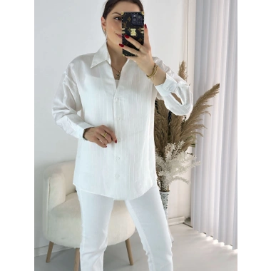 Beyaz Pul Detay Çizgili Gömlek