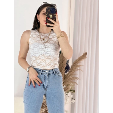 Beyaz Transparan Dantel Bluz