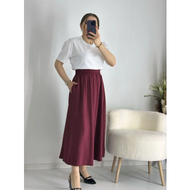 Bordo Beli Lastiklı Kloş Balon Etek