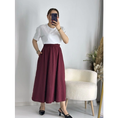 Bordo Beli Lastiklı Kloş Balon Etek