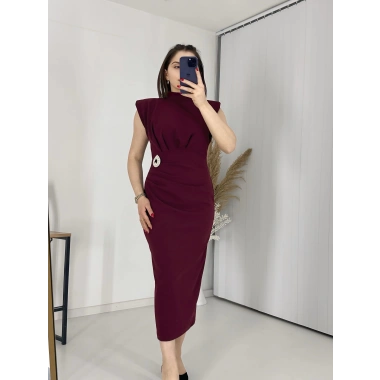 Bordo BROŞLU Vatkalı Krep Elbise