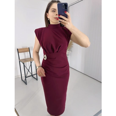 Bordo BROŞLU Vatkalı Krep Elbise