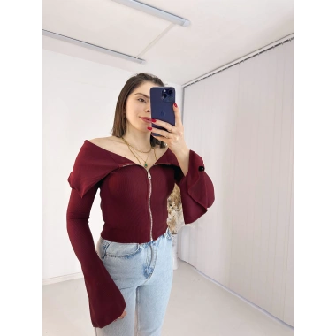Bordo Fermuarlı İspanyol Kol Ottoman Bluz