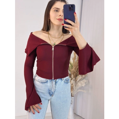 Bordo Fermuarlı İspanyol Kol Ottoman Bluz
