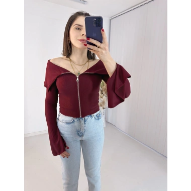 Bordo Fermuarlı İspanyol Kol Ottoman Bluz