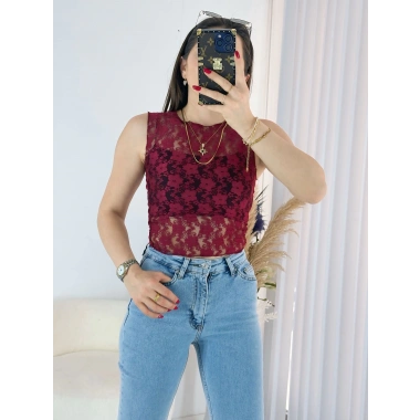 Bordo Transparan Dantel Bluz
