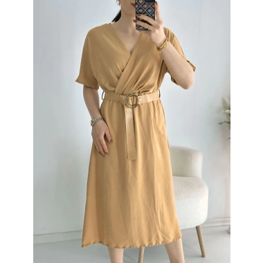 Camel Kravuze Yaka Keten Elbise