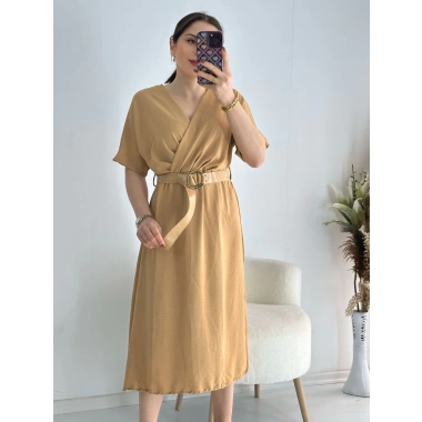 Camel Kravuze Yaka Keten Elbise