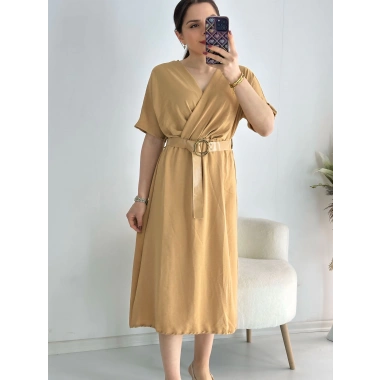 Camel Kravuze Yaka Keten Elbise