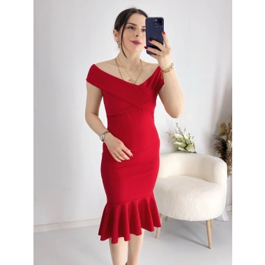Kırmızı Çapraz Yaka Kolsuz Etek Ucu Valonlu Kalem Elbise