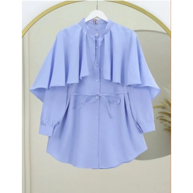 Dik Yaka Pelerin Detaylı Poplin Gömlek Mavi