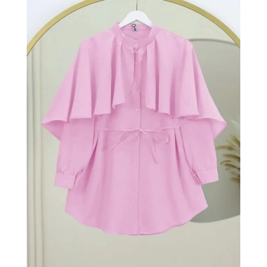 Dik Yaka Pelerin Detaylı Poplin Gömlek Pembe