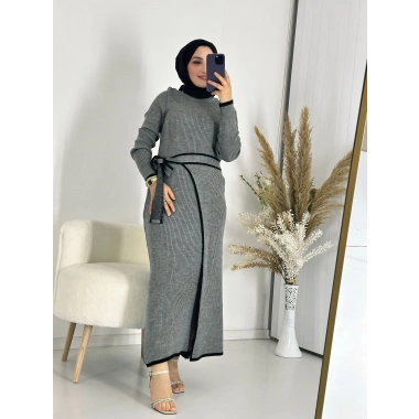 Eteği Bağlamalı Triko Elbise Gri