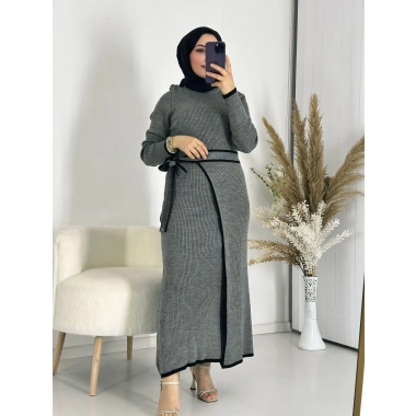 Eteği Bağlamalı Triko Elbise Gri