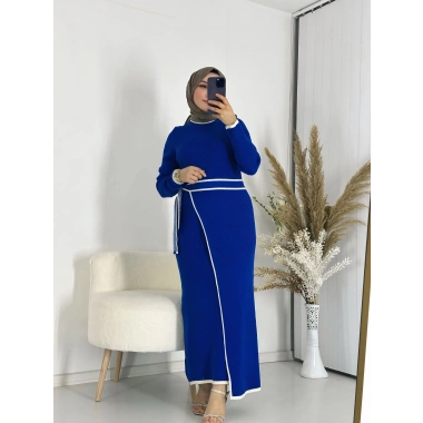 Eteği Bağlamalı Triko Elbise Saxs