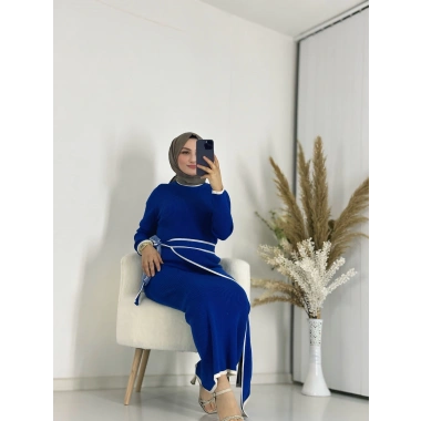 Eteği Bağlamalı Triko Elbise Saxs