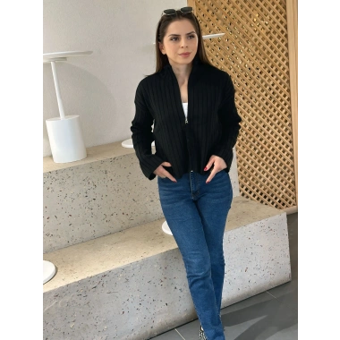 Fitilli fermuar detay hırka siyah