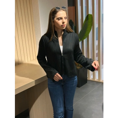 Fitilli fermuar detay hırka siyah