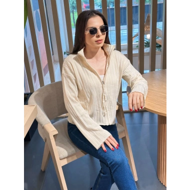 Fitilli fermuar detay hırka Bej