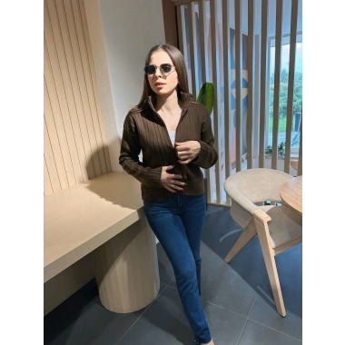 Fitilli fermuar detay hırka kahve