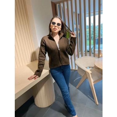 Fitilli fermuar detay hırka kahve