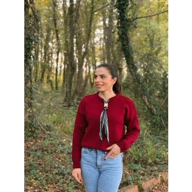 Fular detay düz yaka kazak bordo