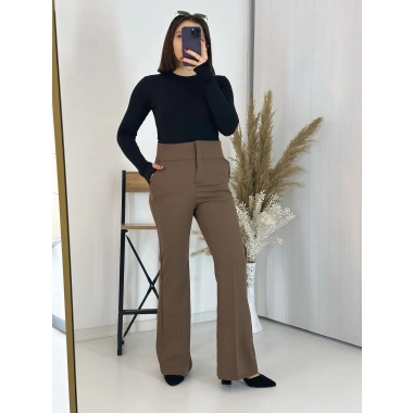 Full Yüksek Bel Kahve İspanyol Kumaş Pantolon