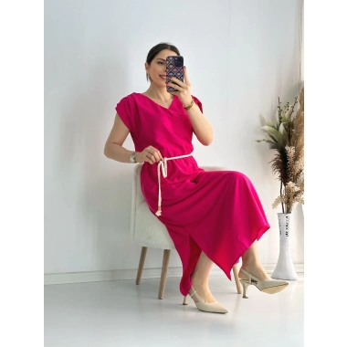 Fuşya Kemerli Midi Boy Elbise