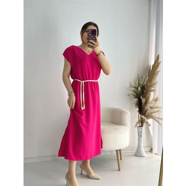 Fuşya Kemerli Midi Boy Elbise