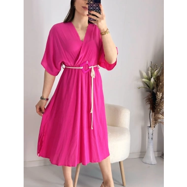 Fuşya Kravuze Kemerli Elbise