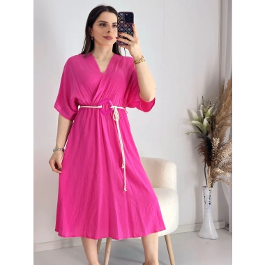 Fuşya Kravuze Kemerli Elbise